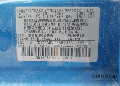 2020 Nissan Sentra Sv Xtronic Cvt из США, поврежденный, VIN 3N1AB8CV6LY215934